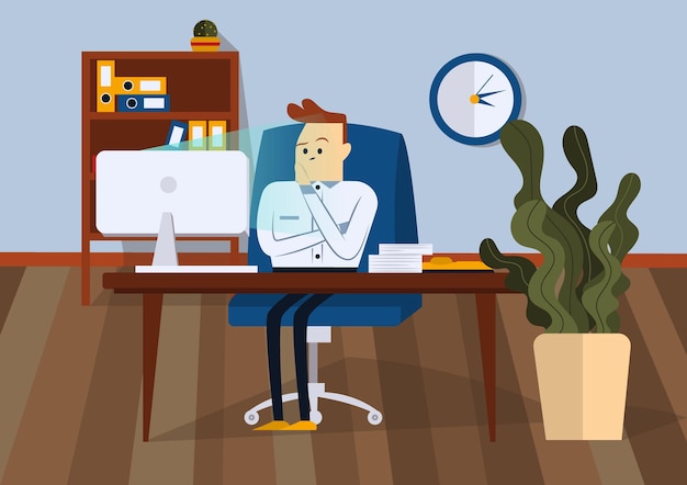 Vector el empresario está molesto sentado en una silla en la oficina. él está mirando el monitor de la computadora. vista frontal. ilustración plana de vector de color