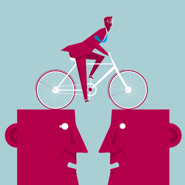 Vector empresario montando en bicicleta. por encima de la cabeza. aislado sobre fondo azul.