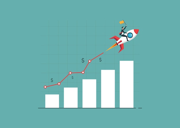 Empresario montando cohetes en el gráfico de barras de crecimiento o aumentando el gráfico de ingresos aumento de las ganancias de inversión creciendo rápidamente o mejorando las ventas y los ingresos el progreso comercial o el concepto de desarrollo