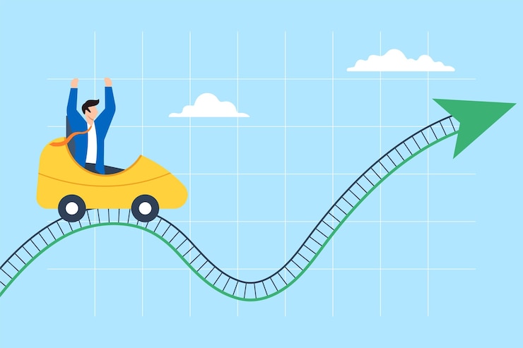 Vector empresario montando una montaña rusa de mercado en diseño plano
