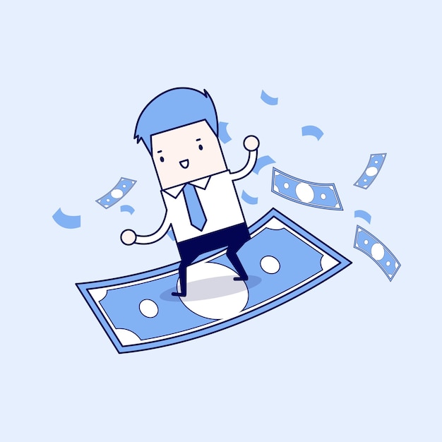 Empresario montando surf volando dinero Personaje de dibujos animados.