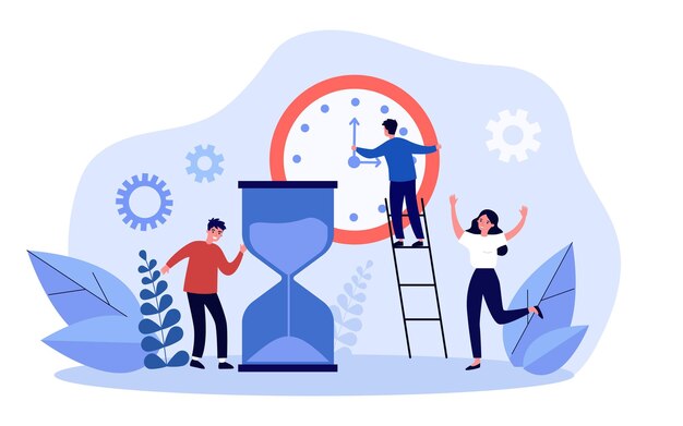 Empresario moviendo las manecillas del reloj, cumpliendo con la fecha límite. Equipo de pequeños empresarios eficientes que trabajan ilustración vectorial plana. Concepto de gestión del tiempo para banner, diseño de sitios web o página web de destino.