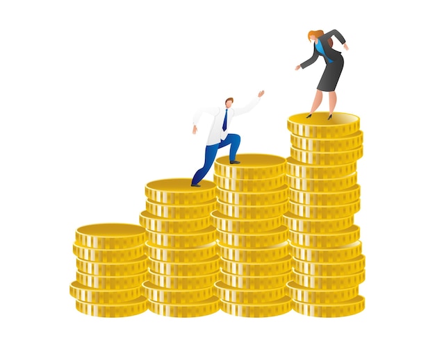 Empresario y mujer de negocios escalando pilas de monedas Ejecutivo femenino alcanza la cima mientras el colega masculino sigue Ilustración del vector de éxito financiero y crecimiento profesional