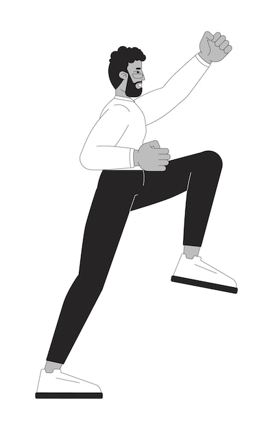 Empresario negro escalando con determinación optimista personaje de línea en blanco y negro 2D