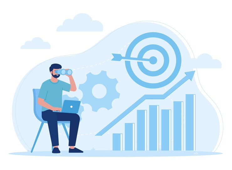 Vector empresario objetivos análisis planificación tendencia concepto ilustración plana