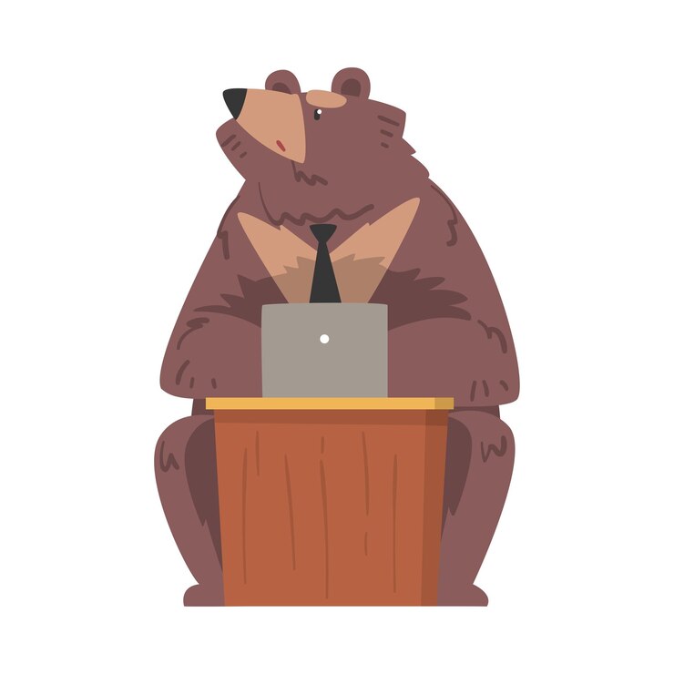 Vector empresario oso trabajando en una computadora portátil personaje animal humanizado con corbata sentado en el escritorio ilustración vectorial de dibujos animados