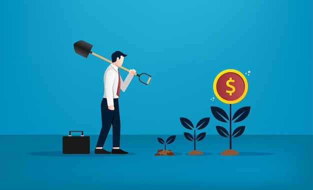 Empresario con pala de excavación para plantar el árbol de la ilustración del dinero. Concepto de negocio para el éxito