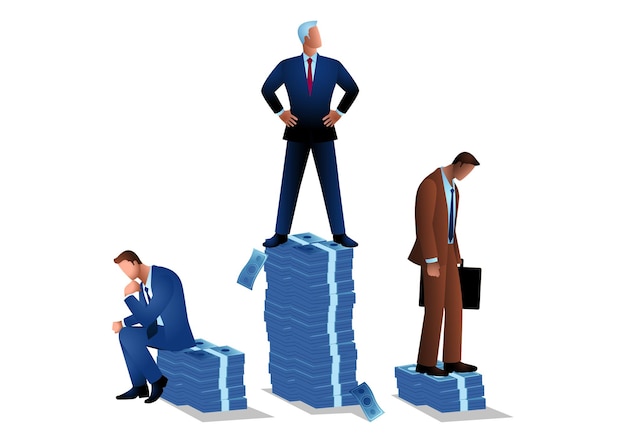 Empresario parado en una pila de dinero más alta que otros hombres de negocios