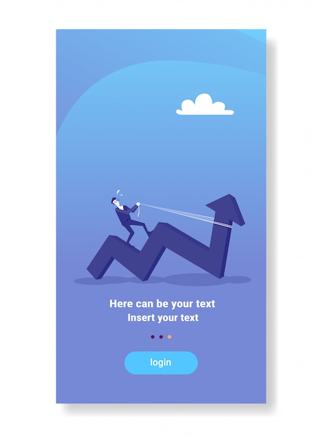 Empresario paseo flecha tirando hacia arriba el éxito financiero concepto de estrategia económica de línea curva