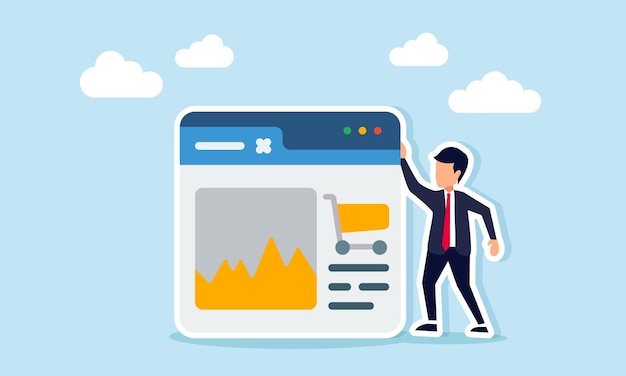 Empresario de pie al lado de una interfaz de aplicación que muestra un gráfico y un cartón de compras Ilustración de monitoreo y análisis de datos gráficos para la estrategia de marketing empresarial
