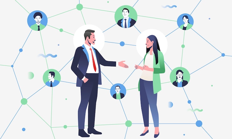 Vector empresario de pie discutir red global comunicación burbuja trabajo en equipo conexión concepto avatar mestiza hombre mujer