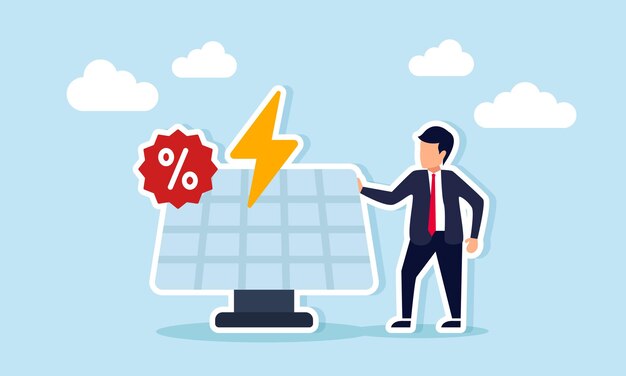 Empresario de pie junto al panel solar con iconos de electricidad y porcentaje Ilustración de la estrategia promocional para el negocio de equipos de energía renovable