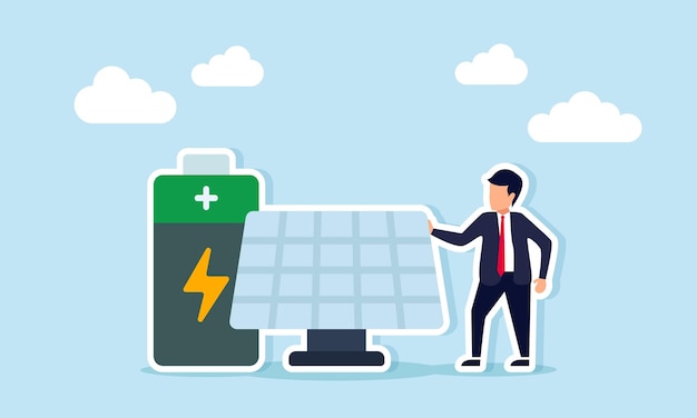 Empresario de pie junto al panel solar y la ilustración de la batería de la planta de energía renovable de alto rendimiento