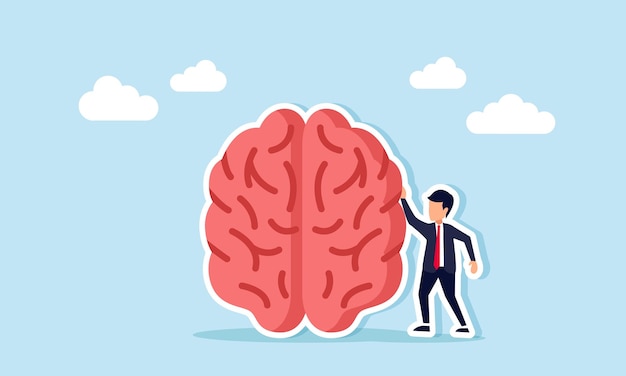 Empresario de pie junto a un gran cerebro ilustración de la excelencia en el pensamiento al diseñar ideas creativas