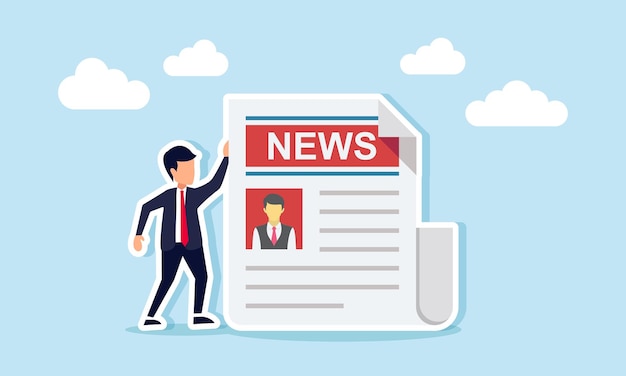 Empresario de pie junto a una ilustración de periódico de negocios en el sector de las noticias