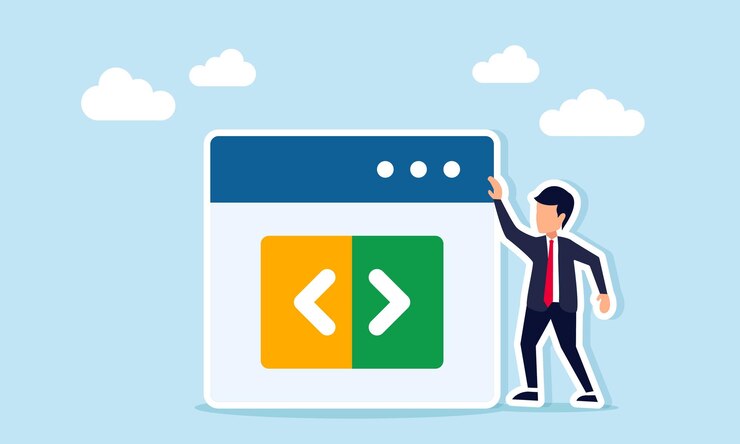 Vector empresario de pie junto a una interfaz de aplicación que muestra símbolos de programación ilustración de la planificación relacionada con la creación de una aplicación de negocios