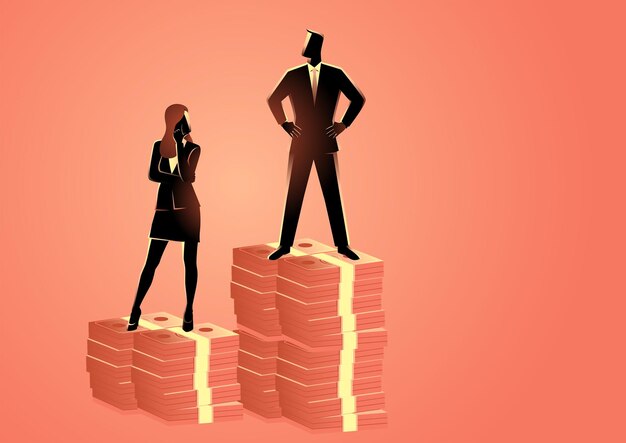 Empresario de pie en una pila de dinero más alta que la empresaria