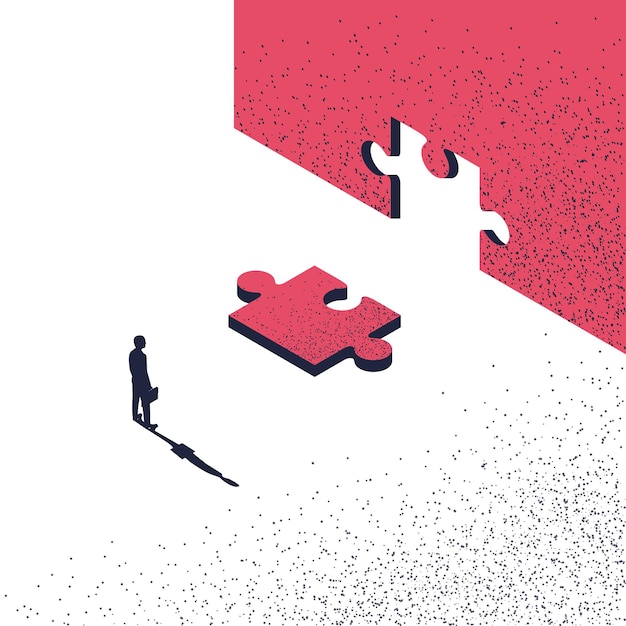 Empresario de pie puzzle poniendo en rompecabezas vector plan de implementación exitoso ejecutar plan
