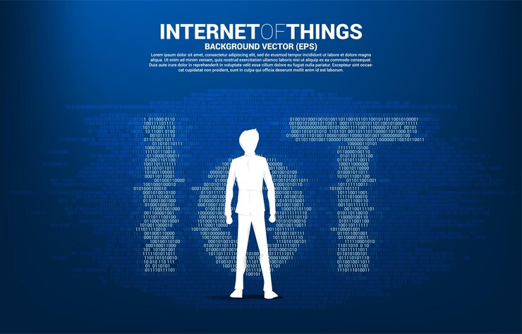 Vector empresario de pie y redacción de iot desde un estilo gráfico binario de uno y cero. concepto digital para la tecnología de internet de las cosas.