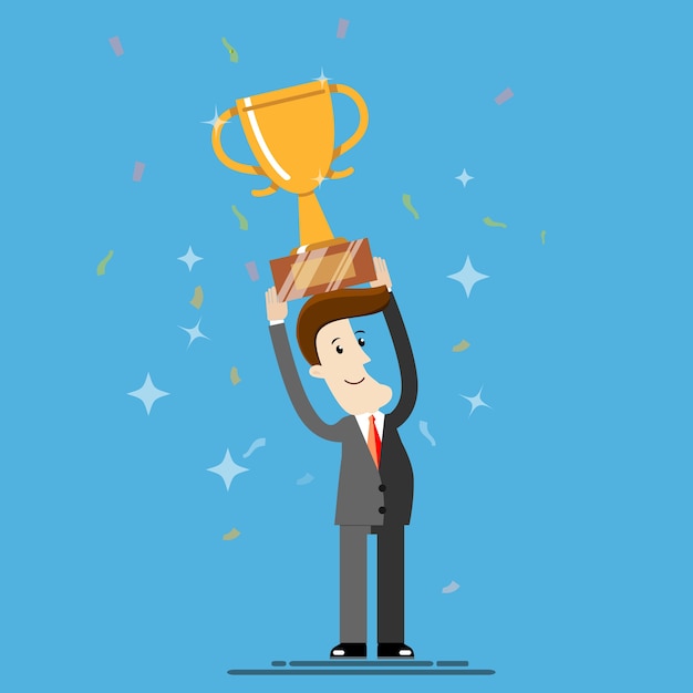Empresario de pie y sosteniendo el trofeo de premio. Ilustración del concepto de negocio