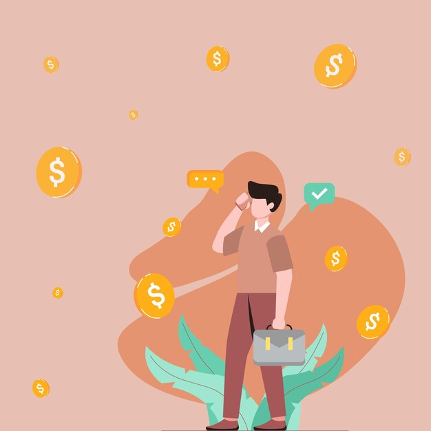 Empresario de pie y usando el teléfono sosteniendo un maletín ejecutivo sosteniendo un dispositivo móvil sobre fondo financiero con monedas y hojas de plantas