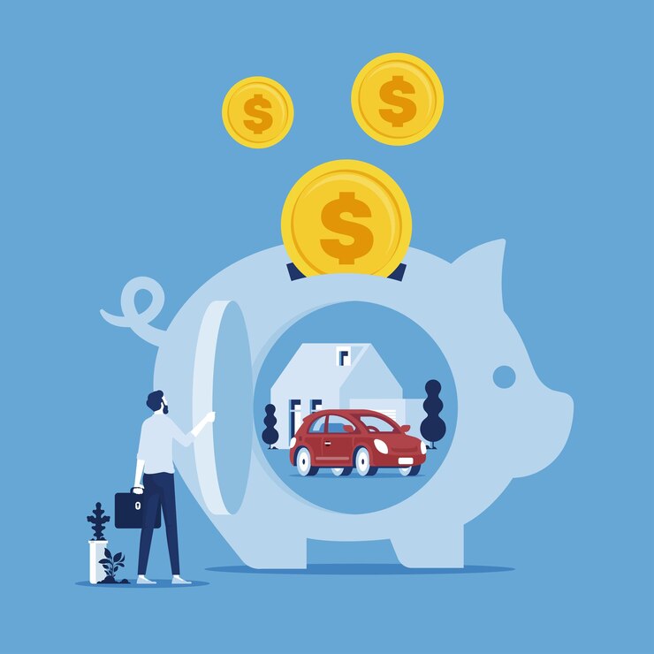 Vector empresario poniendo monedas en la alcancía ahorrando para el ahorro de automóviles y el hogar e invirtiendo el concepto de dinero