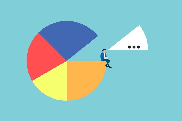 Empresario con portátil sentado en el concepto de gráfico de gráfico circular analítico