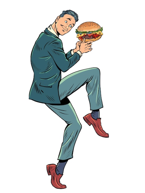 Empresario en una pose divertida hamburguesa whopper en las manos comida callejera