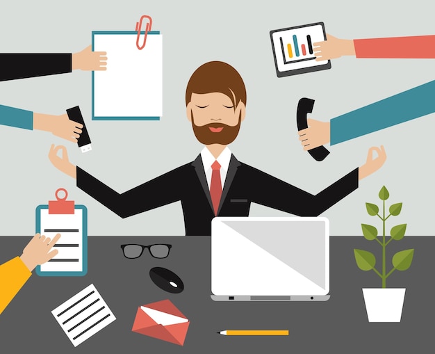 Empresario en posición de meditación de loto en la oficina de trabajo Concepto multitarea Ilustración plana
