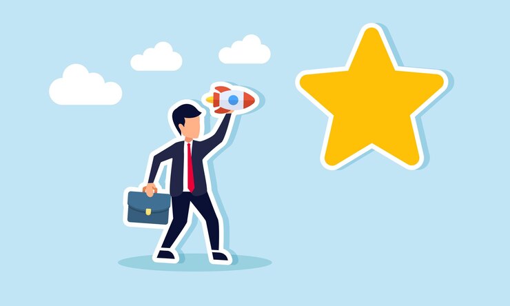 Vector empresario preparándose para lanzar un cohete hacia una estrella ilustración de la mejora de la calidad de los negocios