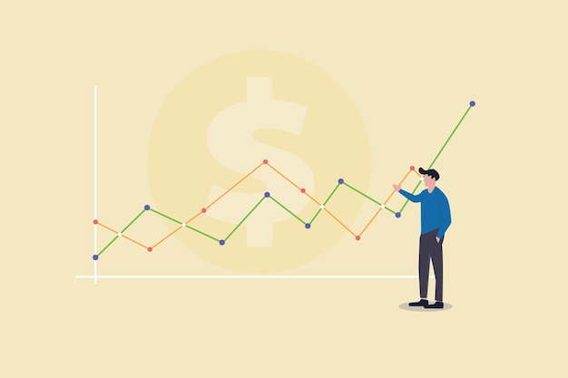 Empresario presenta gráfico financiero con gráfico de línea de tendencia al alza y números en el mercado de valores