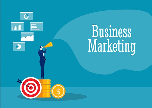 Empresario promover con concepto de marketing de referencia
