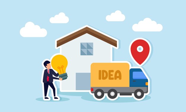 Empresario que lleva una bombilla para ser cargada en un camión de entrega etiquetado IDEA Ilustración de entrada o sugerencia relacionada con la implementación de la estrategia de la idea de negocio
