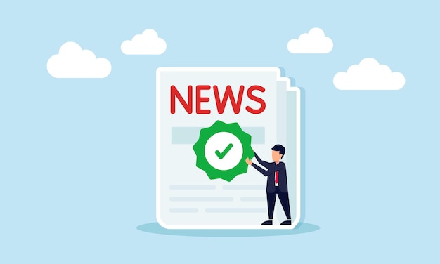 Empresario que lleva el icono de la marca de comprobación al lado de la ilustración de periódico de calidad y buenas noticias