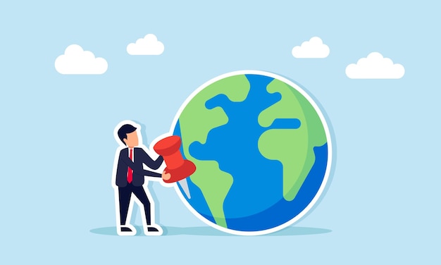 Empresario que sostiene el alfiler al lado del globo que representa la configuración digital de la ubicación comercial para facilitar a los clientes la búsqueda de la ubicación empresarial