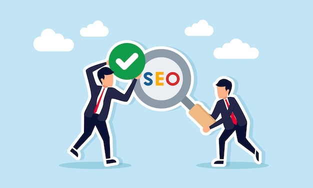 Empresario que sostiene una lupa con texto SEO y otro que sostiene una marca de comprobación Ilustración de la investigación de optimización de palabras clave y títulos para la visibilidad del sitio web
