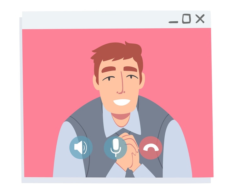 Vector empresario que tiene llamadas de video personas que hablan entre sí en la pantalla de la computadora persona que trabaja desde casa distanciamiento social concepto ilustración vectorial