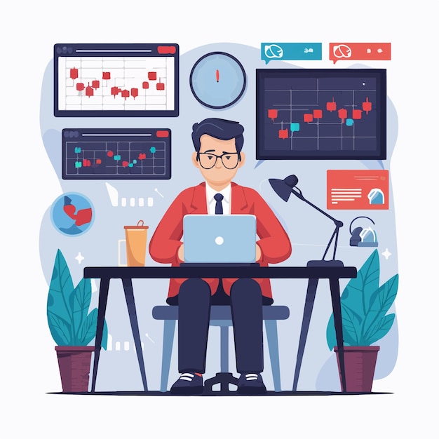 Empresario que trabaja en el diagrama del mercado financiero de acciones Vector