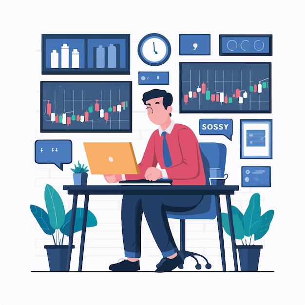 Empresario que trabaja en el diagrama del mercado financiero de acciones Vector