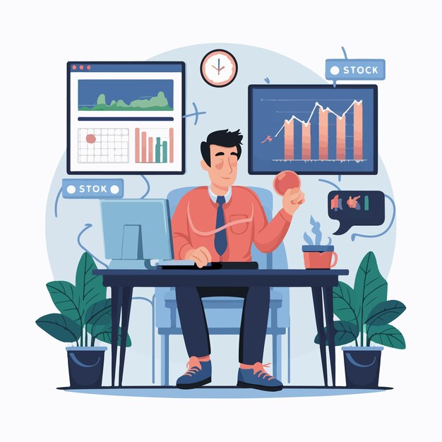 Empresario que trabaja en el diagrama del mercado financiero de acciones Vector
