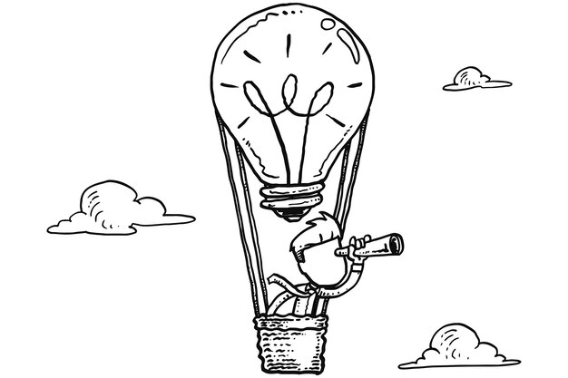 Empresario que utiliza ideas de globo en busca de nuevas oportunidades de negocio Concepto de visión