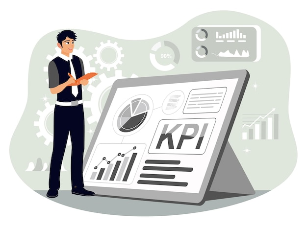 Empresario que utiliza una pantalla digital para analizar los indicadores clave de rendimiento con gráficos y gráficos