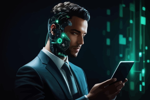 Empresario que utiliza una tableta al estilo de una cabeza humana digital e ilustración de tecnología de inteligencia artificial
