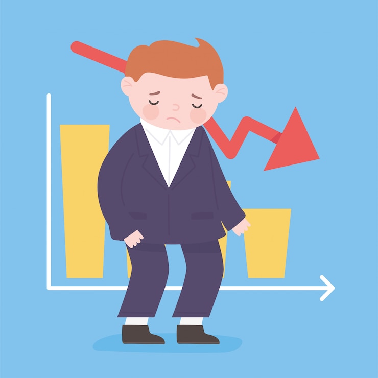 Vector empresario de quiebra flecha hacia abajo gráfico de acciones proceso empresarial crisis financiera