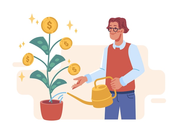 Empresario regando el árbol del dinero en la inversión de la olla