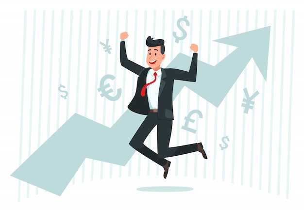 Vector empresario se regocija en el crecimiento. negocio financiero exitoso, ingresos crecientes y gráfico de flecha gráfico ilustración vectorial