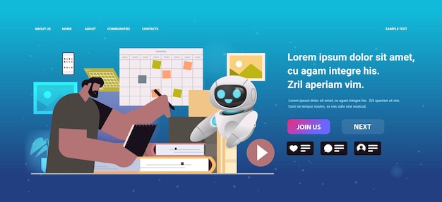 Empresario con robot ayudante planificación día programación cita en calendario agenda reunión plan gestión del tiempo