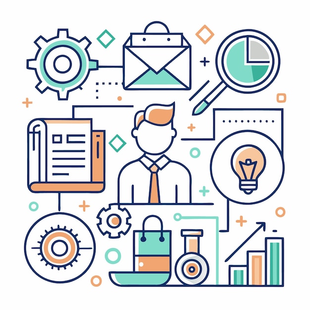 Empresario rodeado de iconos de arte de línea que representan varios conceptos de negocio como marketing, finanzas, investigación e innovación