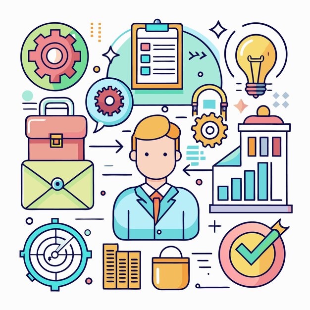 Empresario rodeado de íconos que representan ideas éxito y crecimiento