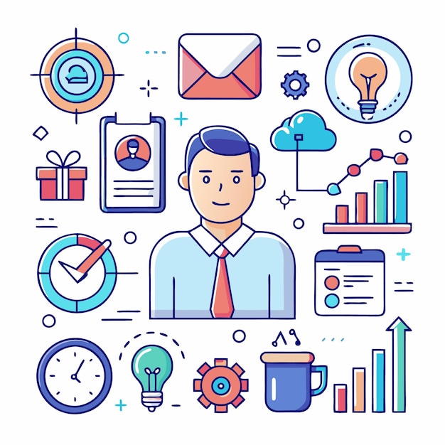 Empresario rodeado de iconos de varios aspectos del negocio, incluidos objetivos, ideas de correo electrónico, computación en la nube y gráficos de crecimiento